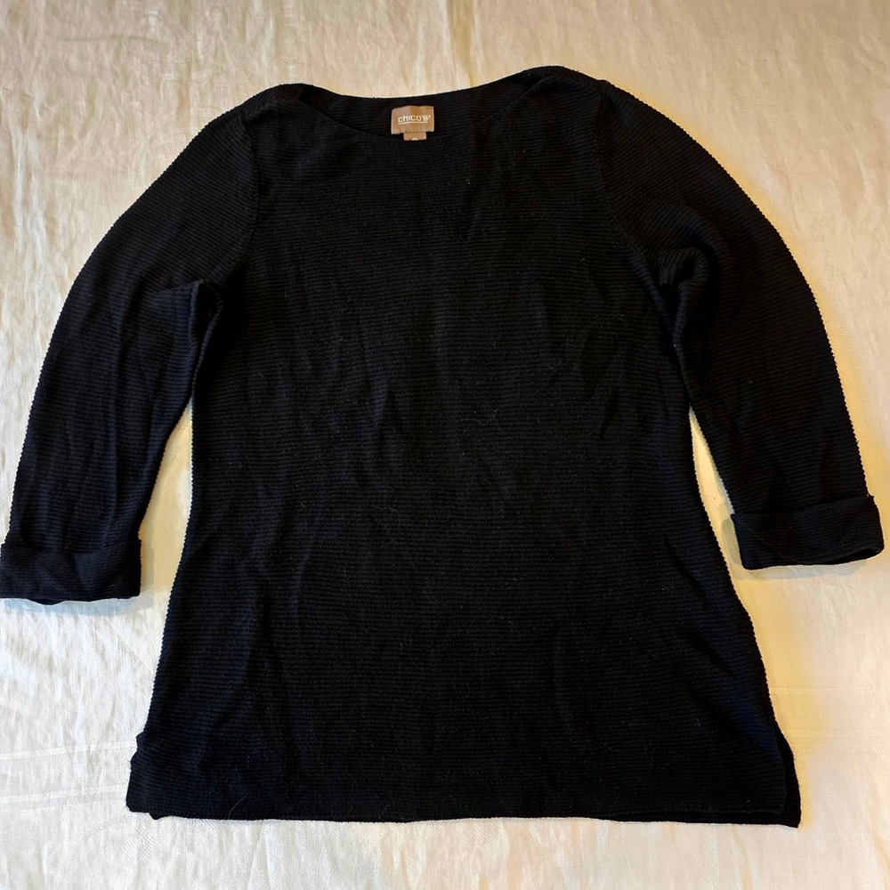 Chicos Black Ribbed Knit Cashmere Blend Sweater 3/4 Sleeve Boat Neck Size 0 XS/S